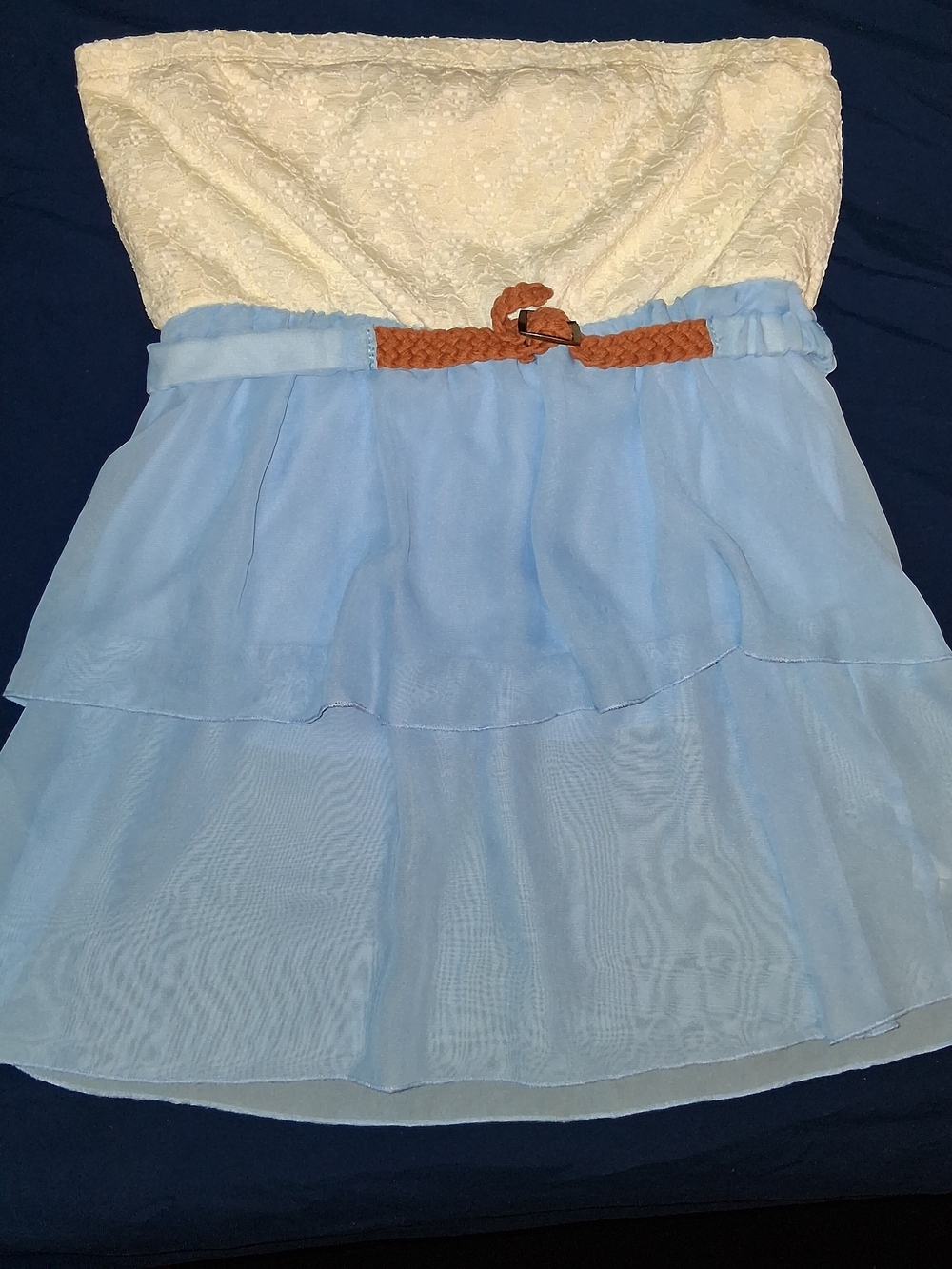 Strapless Lace and Tiered Chiffon Dress - Blue & Cream